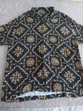 Casa Moda Couture Black Short Sleeve Button-Up with Gold Baroque Pattern